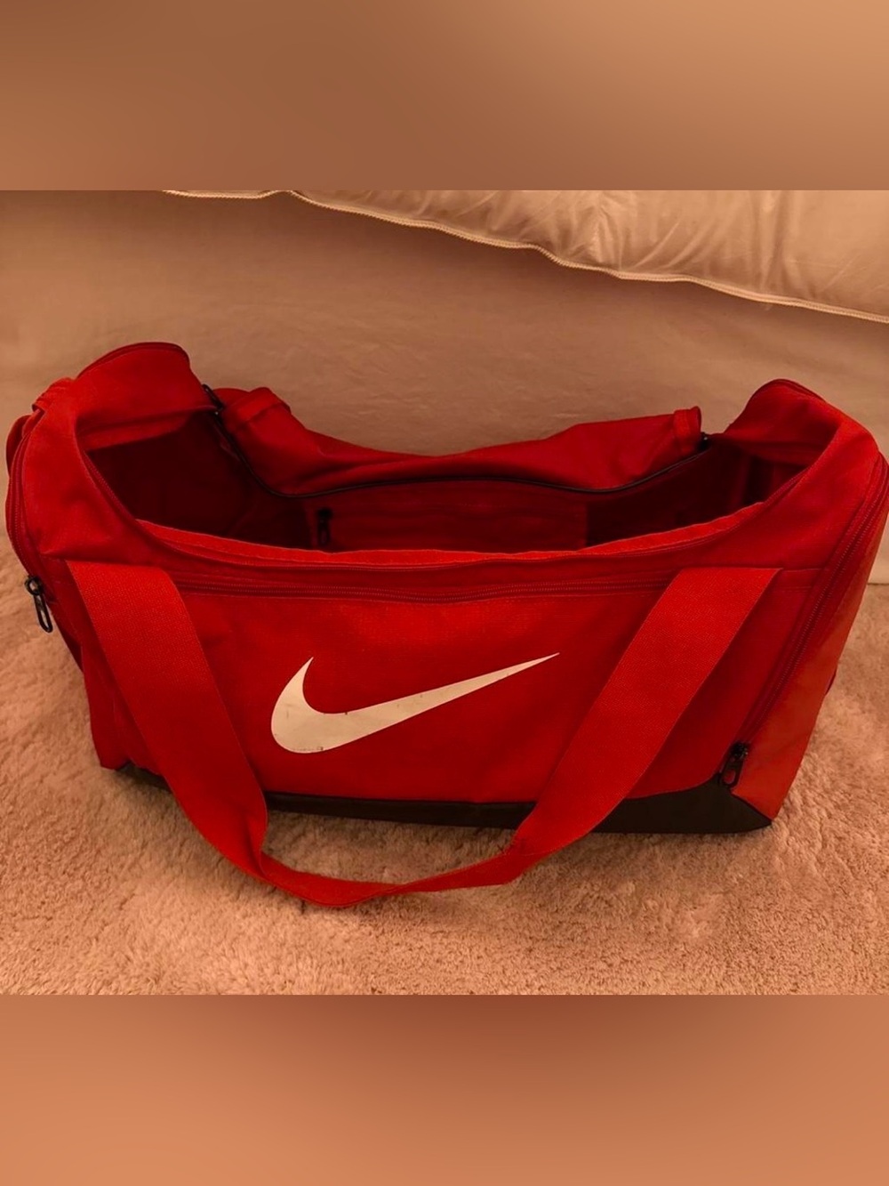 Nike Red Duffel with White Swoosh and Black Base